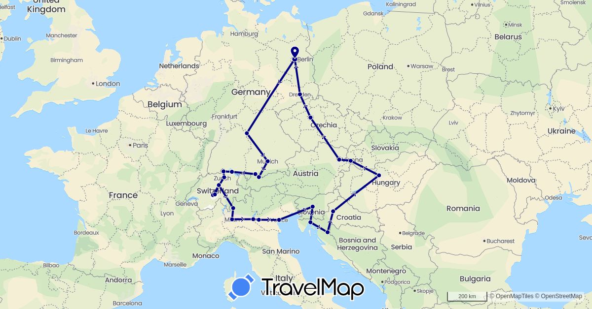 TravelMap itinerary: driving in Austria, Switzerland, Czech Republic, Germany, Croatia, Hungary, Italy, Slovenia, Slovakia (Europe)