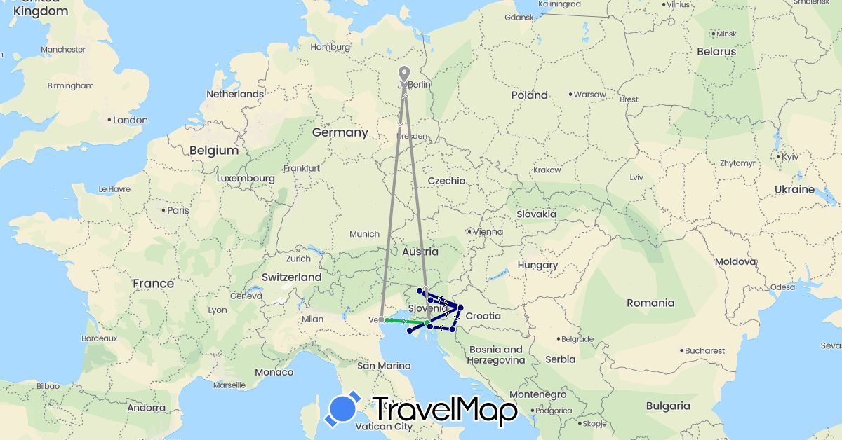 TravelMap itinerary: driving, bus, plane in Germany, Croatia, Italy, Slovenia (Europe)